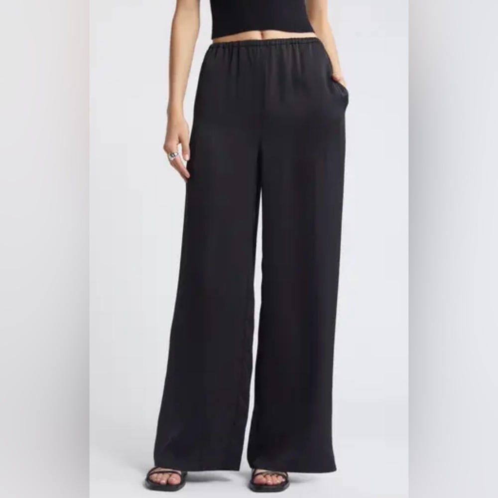 Open Edit | Women’s Black Wide Leg Elastic Waist Pull On Lined Krinkle Pants, S